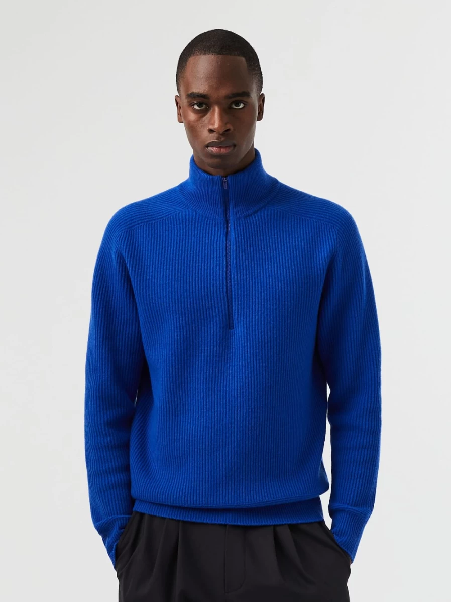 AlphaTauri Men's Classic Blue 3D Knit Merino Wool Half-Zip Sweater - Seamless Design