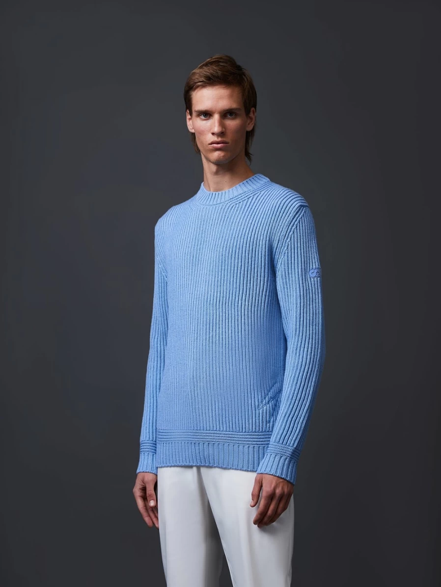 AlphaTauri Men's Medium Blue Chunky Knit Merino Wool Crewneck Sweater