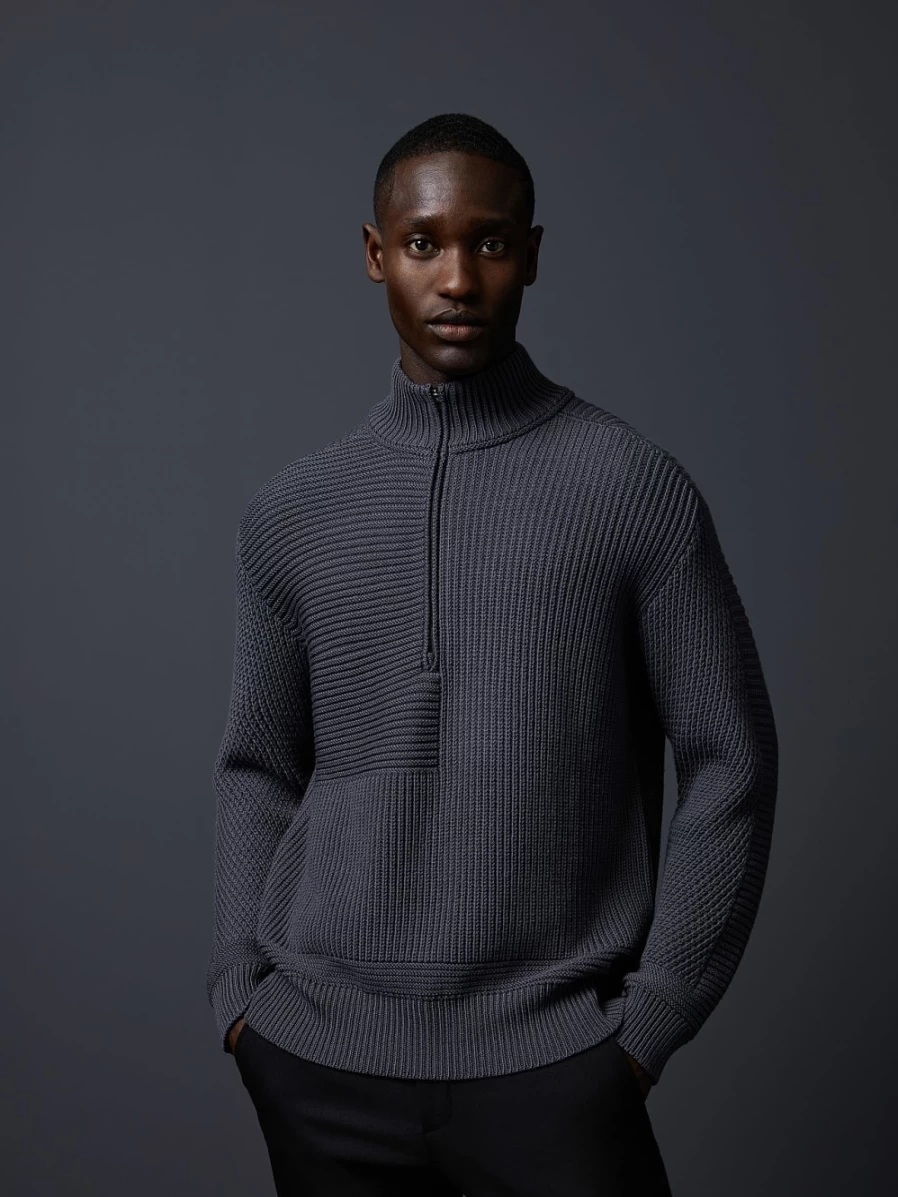 AlphaTauri Men's Grey Chunky Knit Merino Wool Half-Zip Sweater