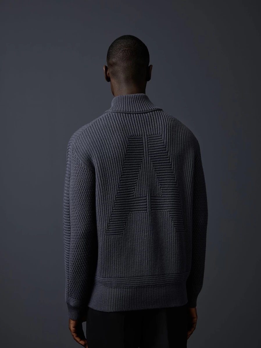 AlphaTauri Men's Grey Chunky Knit Merino Wool Half-Zip Sweater