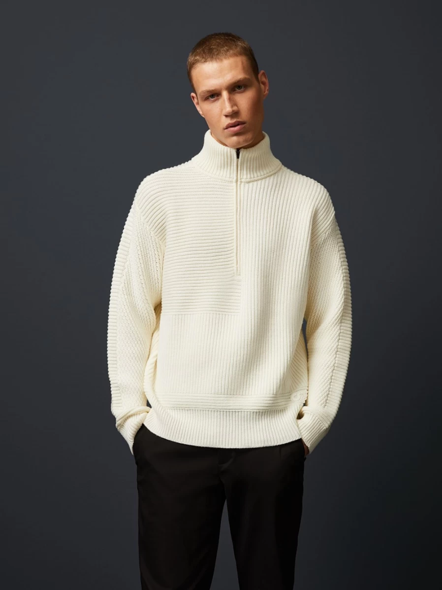 AlphaTauri Men's Off White Chunky Knit Merino Wool Half-Zip Sweater