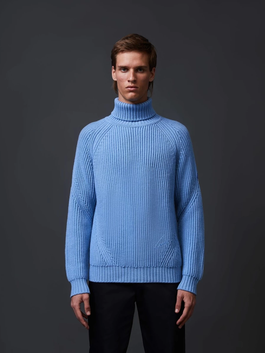 AlphaTauri Men's Medium Blue Chunky Knit Merino Wool Turtleneck Sweater