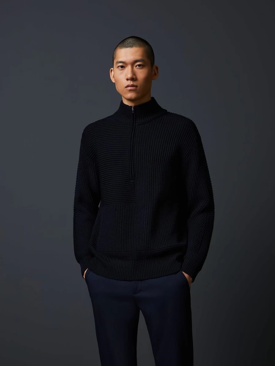 AlphaTauri Men's Navy Chunky Knit Merino Wool Half-Zip Sweater