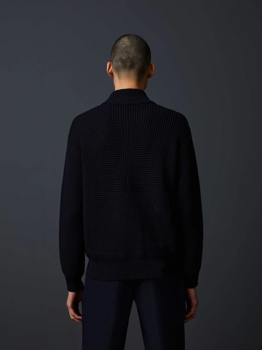 AlphaTauri Men's Navy Chunky Knit Merino Wool Half-Zip Sweater