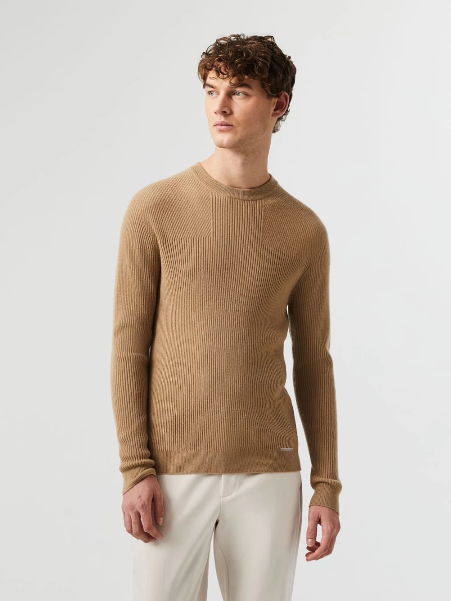 Men's AlphaTauri Seamless 3D Knit Cashmere-Blend Crewneck Sweater in Brown/Beige