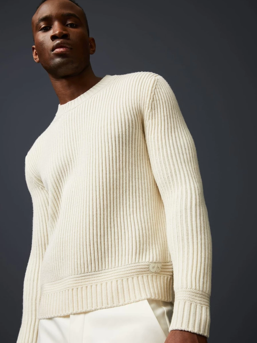 AlphaTauri Men's Off White Chunky Knit Merino Wool Crewneck Sweater
