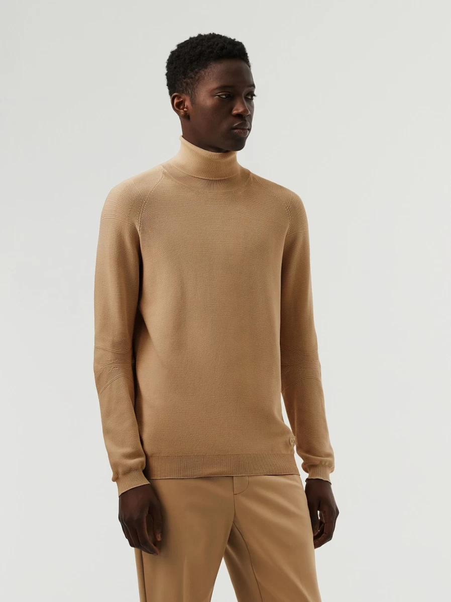 AlphaTauri Men's Seamless 3D Performance Knit Turtleneck Sweater in Brown/Beige