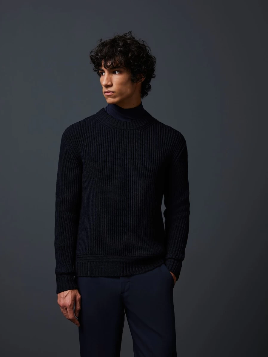 AlphaTauri Men's Navy Chunky Knit Merino Wool Crewneck Sweater