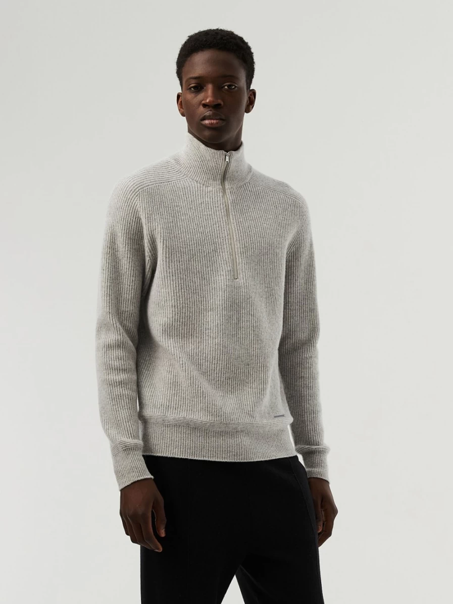 AlphaTauri Men's Grey Melange Seamless 3D Knit Merino Wool Half-Zip Sweater