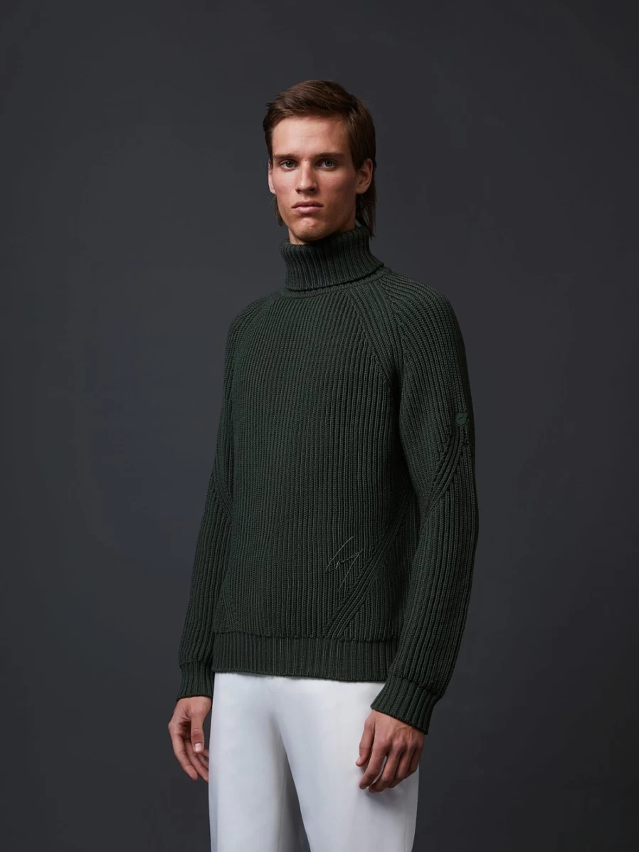AlphaTauri Men's Green Chunky Knit Merino Wool Turtleneck Sweater