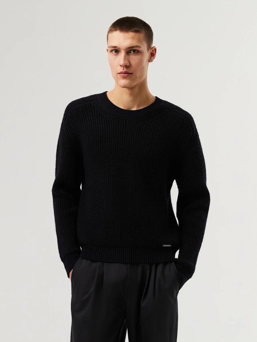 AlphaTauri Men's Chunky Knit Merino Wool Crewneck Sweater - Black & Navy